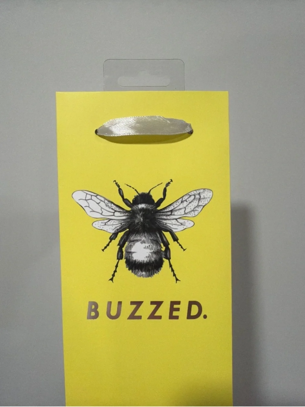 BUZZED. Yellow Black White Bee Graphic Wine Bottle Bag Gift Holder